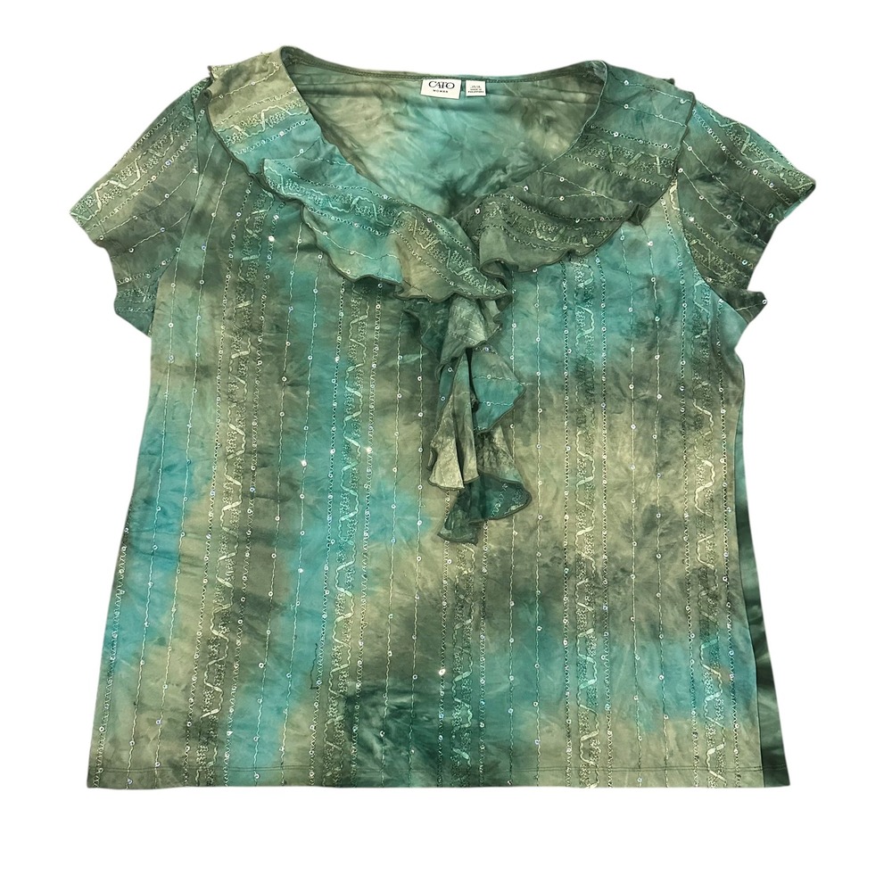 CATO WOMAN Green Tie Dye Sequin Ruffle Blouse Y2K XL Fairycore Mermaidcore Boho